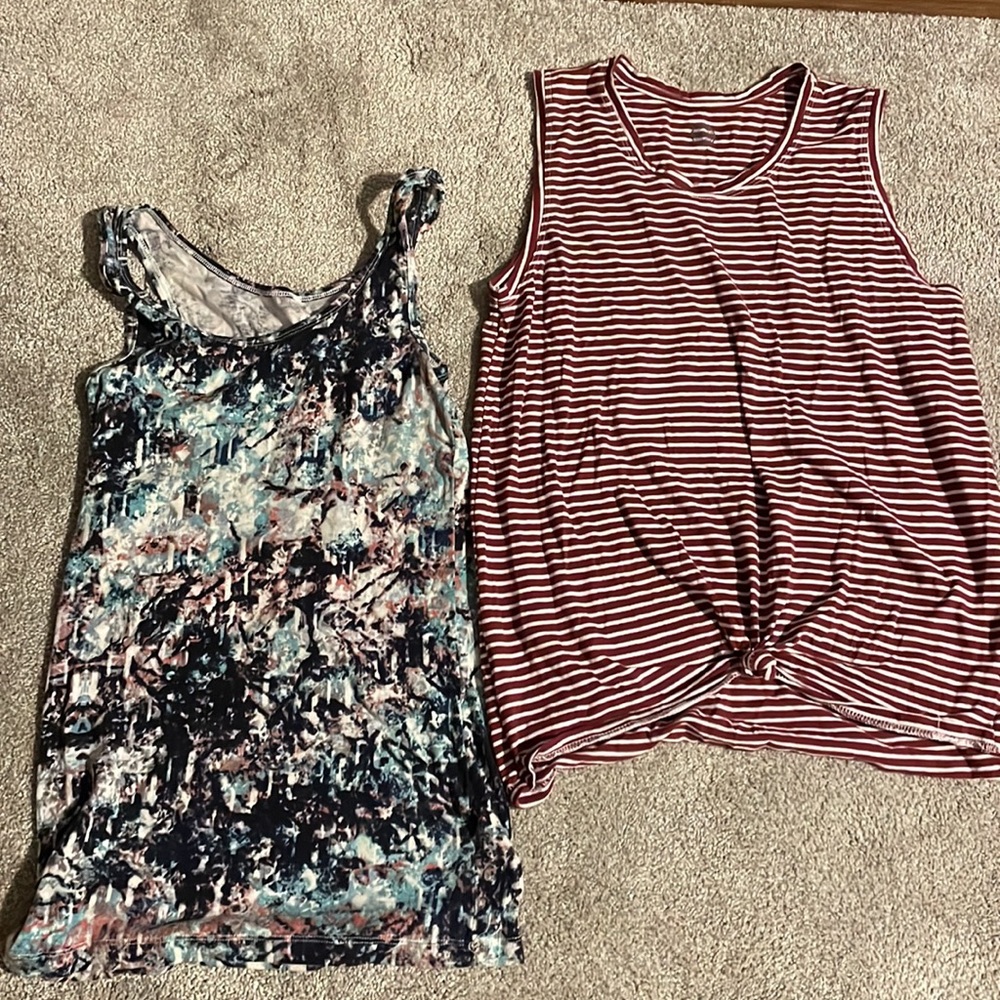Two tank tops! One red and white striped, one tie-dye like